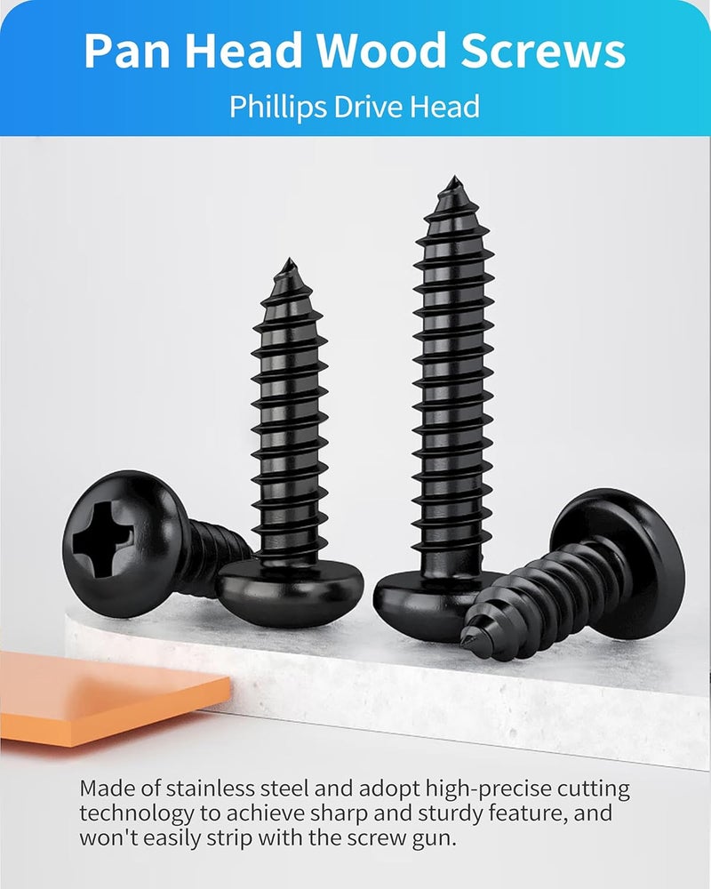 DIVANC 550Pcs 304 Stainless Steel Black Wood Screws Assortment Kit, Phillips Pan Head Sheet Metal Screw Self Tapping Screws Set, #4#6#8#10#12 Wood Assorted Screws (Black-Pan Head 550PCS) - Image 3